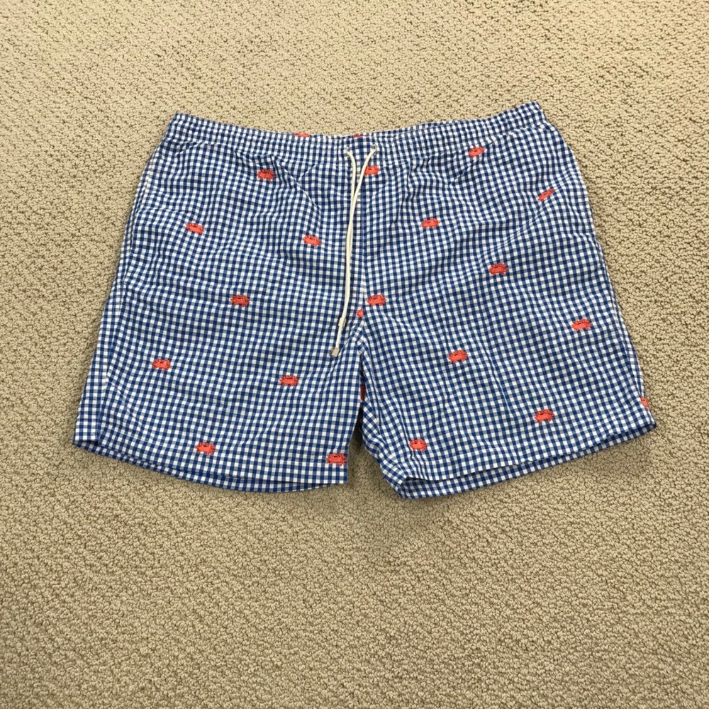 J.McLaughlin Swim Trunks XL Gingham Crab Embroidered‎ Blue White Board Shorts